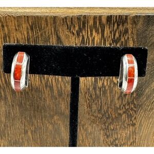 Vintage Sterling Silver Red Coral Inlay Clip Earrings Zuni Half Moon